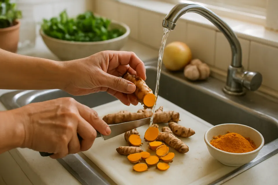 Прясно коренище куркума, нарязано на кухненски плот