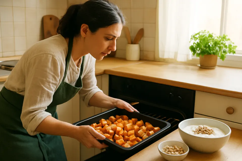Печени кубчета тиква с кисело мляко и орехи в домашна кухня