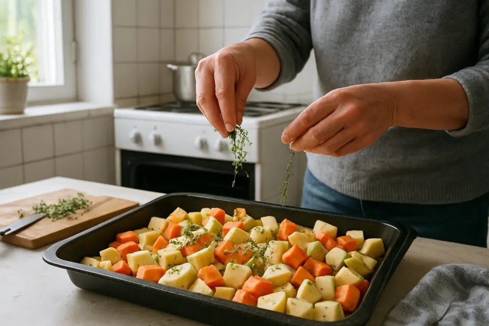 Ръце поръсват картофи и кореноплодни с мащерка преди печене