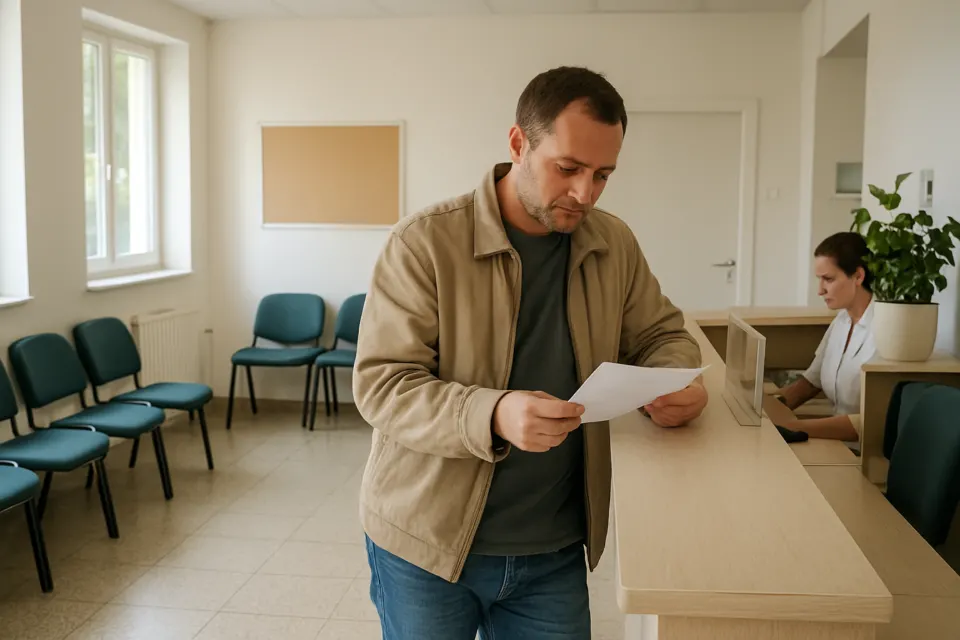 Мъж проверява час за лабораторно изследване на рецепция