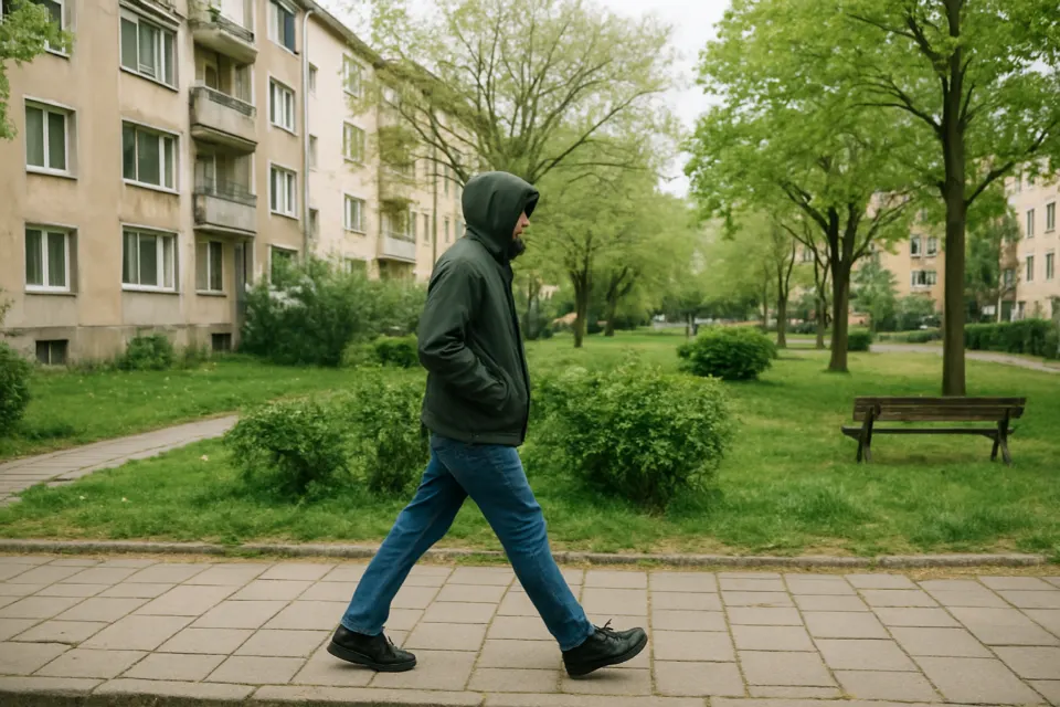Човек се разхожда на дневна светлина по тиха квартална улица