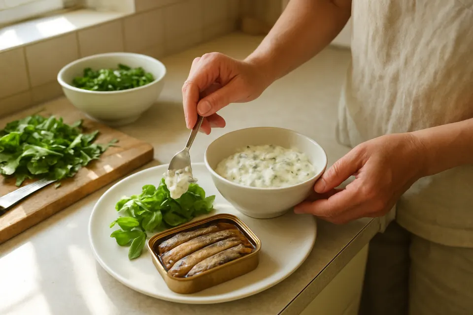 Ръце сервират кисело мляко и зелени зеленчуци в домашна кухня