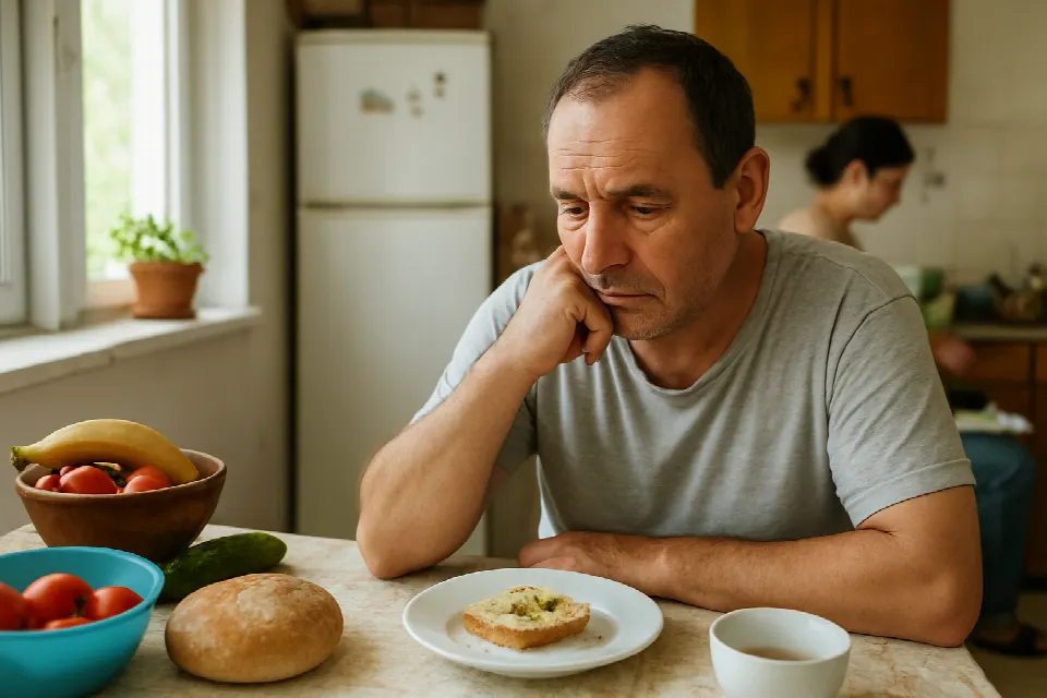 Човек се замисля преди похапване в домашна кухня